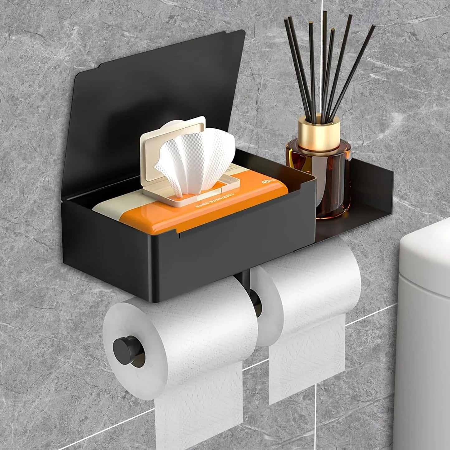 Toilettenpapierhalter mit Ablage, Edelstahl-Box, Aufbewahrung für Feuchttücher etc.