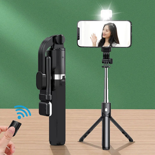 Portabler Bluetooth-Selfie-Stick (103 cm) mit Stativ, Selfie-Licht und Fernbedienung.